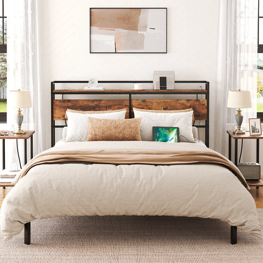 Headboard With Outlets And USB Ports Adjustable Height Storage Rack