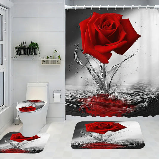 Bathroom Four Piece Set Polyester Shower Curtain And Accessories