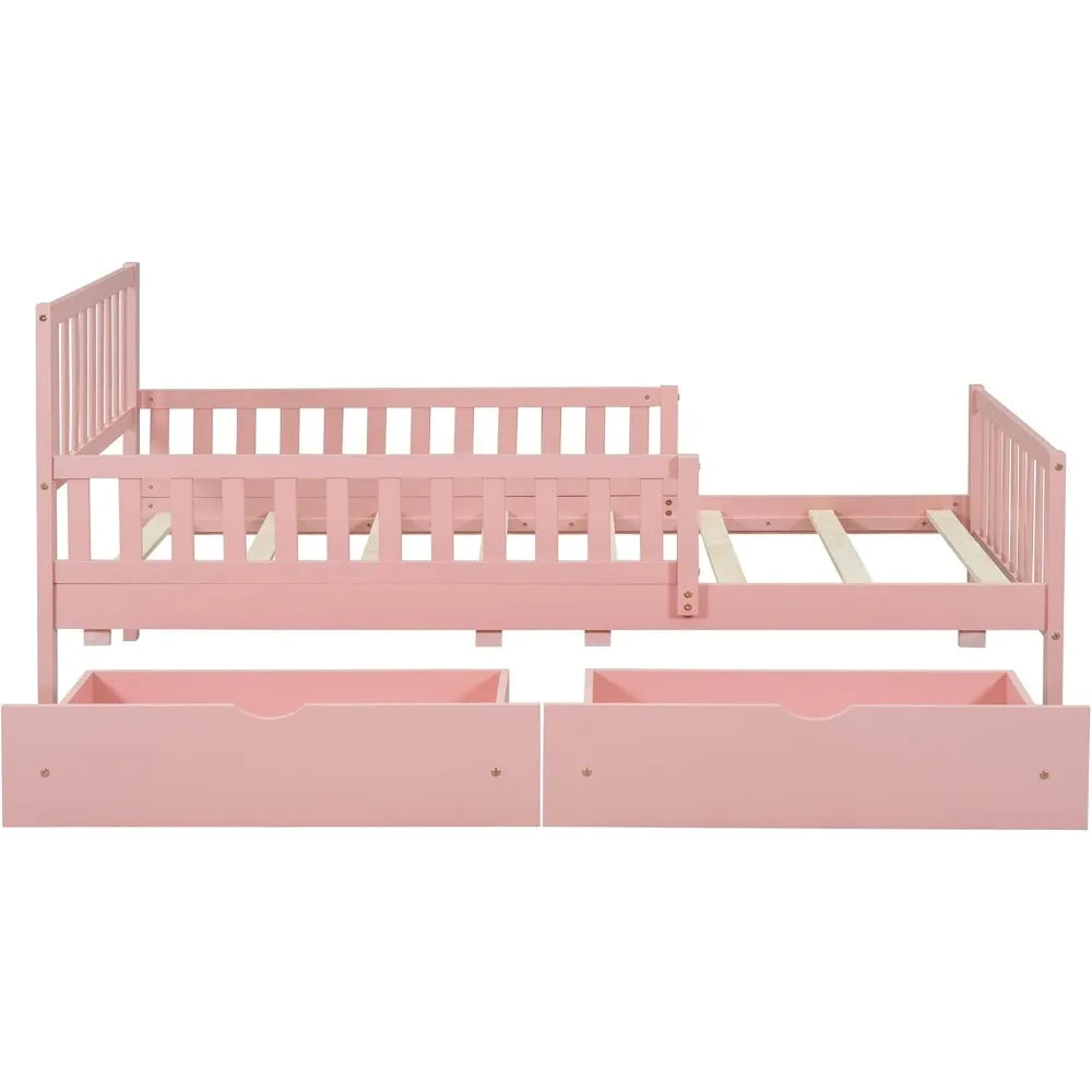 Kids Twin Bed With Guardrails And Drawers Pine Wood Frame
