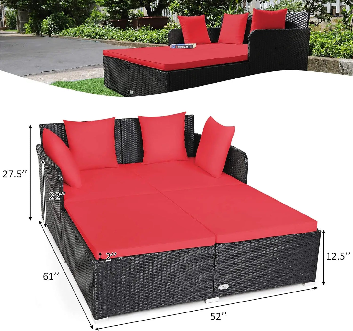 Outdoor Rattan Daybed Sunbed Wicker Furniture With Cushioned Seat