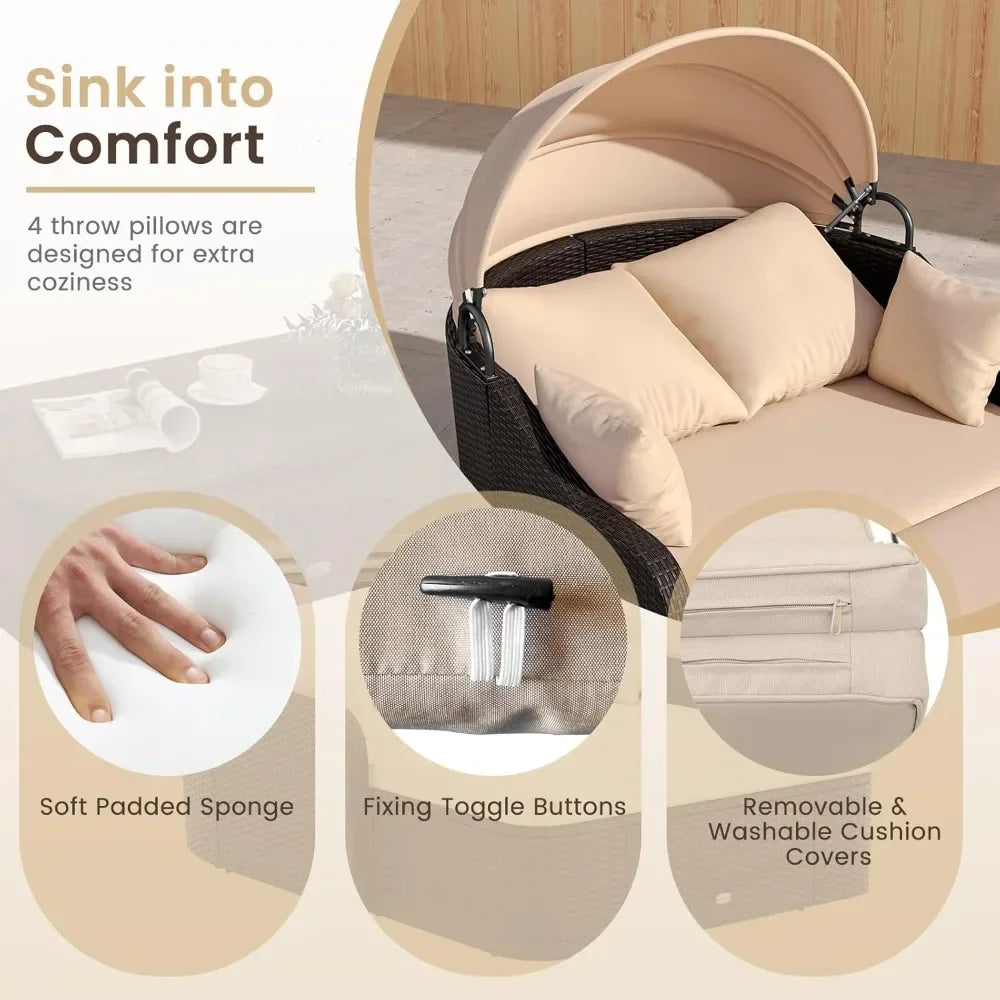 Outdoor Daybed With Retractable Canopy PE Rattan Double Chaise Lounge