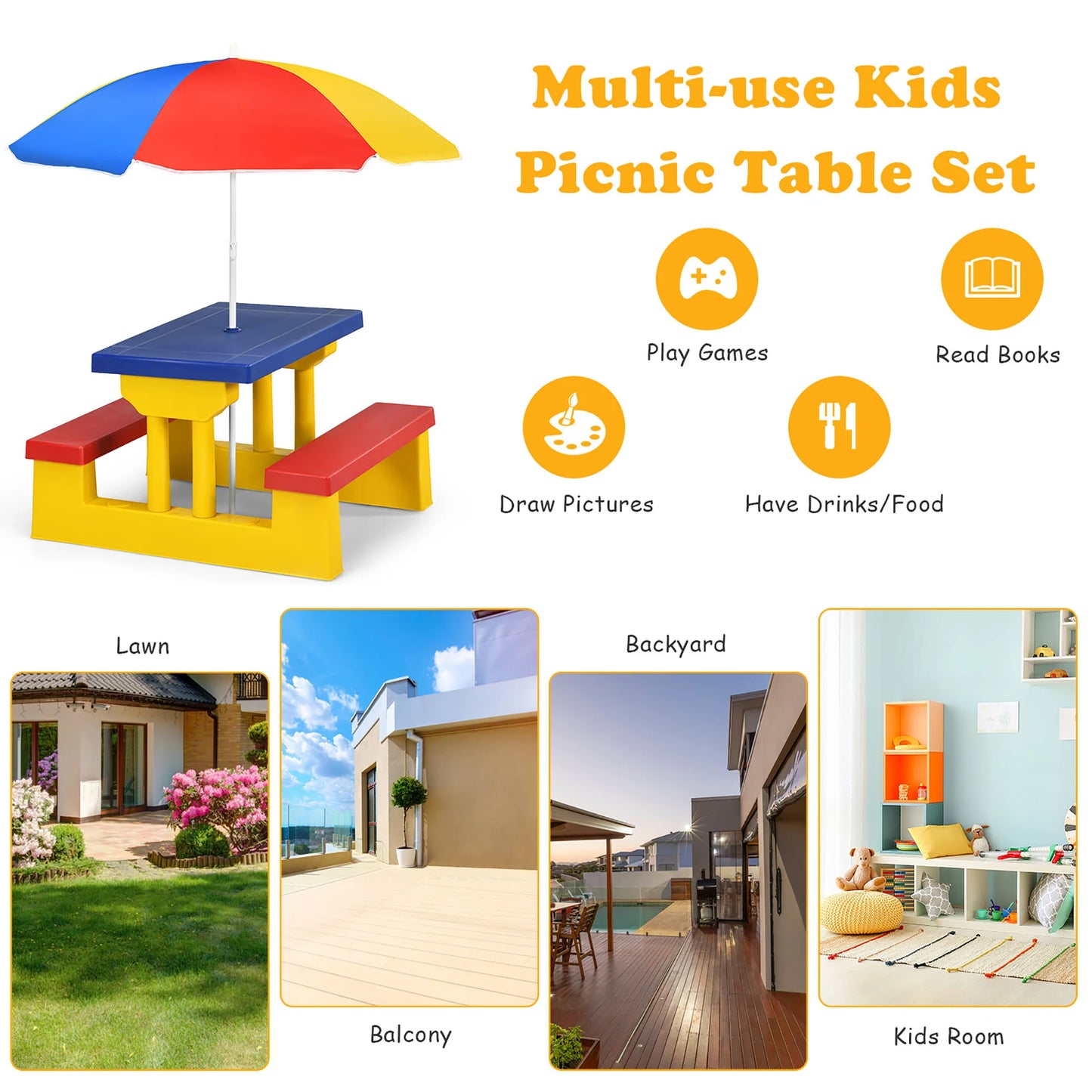 Homasishi Kids Picnic Table With Removable Umbrella Outdoor