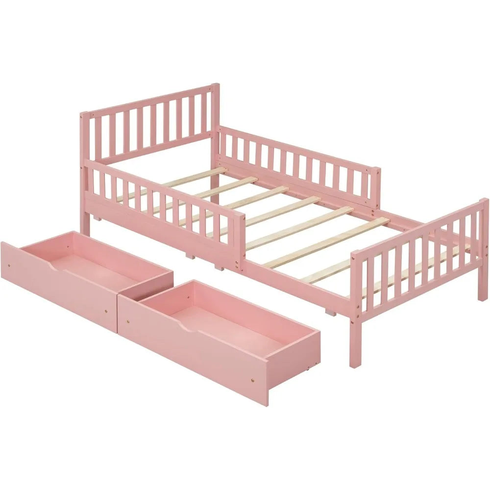 Kids Twin Bed With Guardrails And Drawers Pine Wood Frame