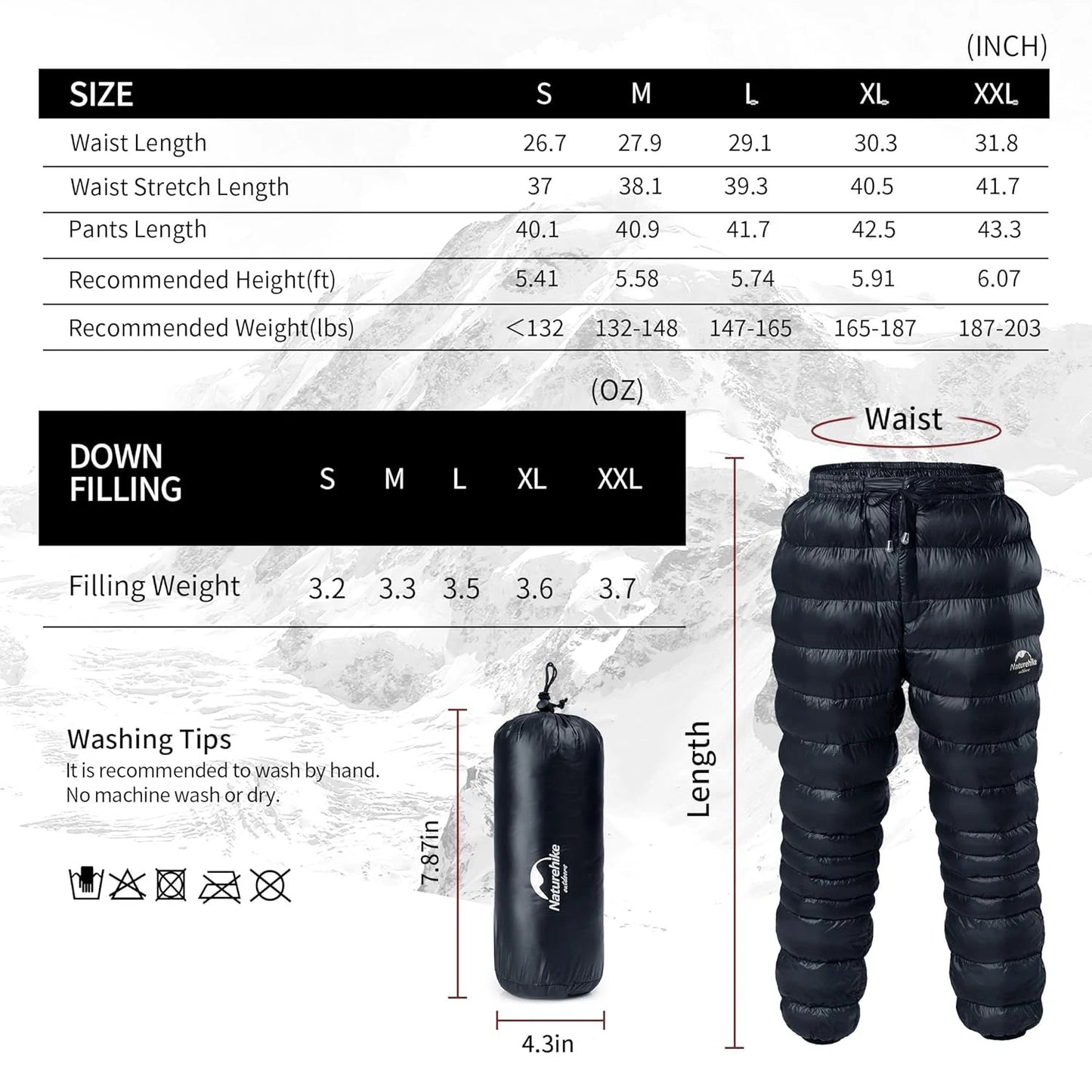 Naturehike Duck Down Pants Men Women Warm Outdoor Hiking Trousers