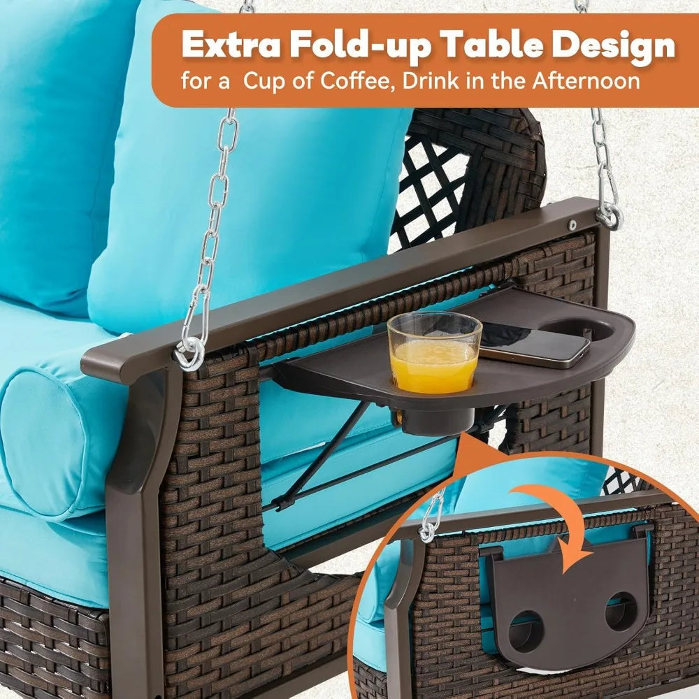 HUANZHUANG 3 Seat Porch Swing Outdoor Wicker With Cup Holders