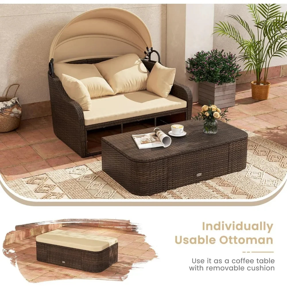 Outdoor Daybed With Retractable Canopy PE Rattan Double Chaise Lounge