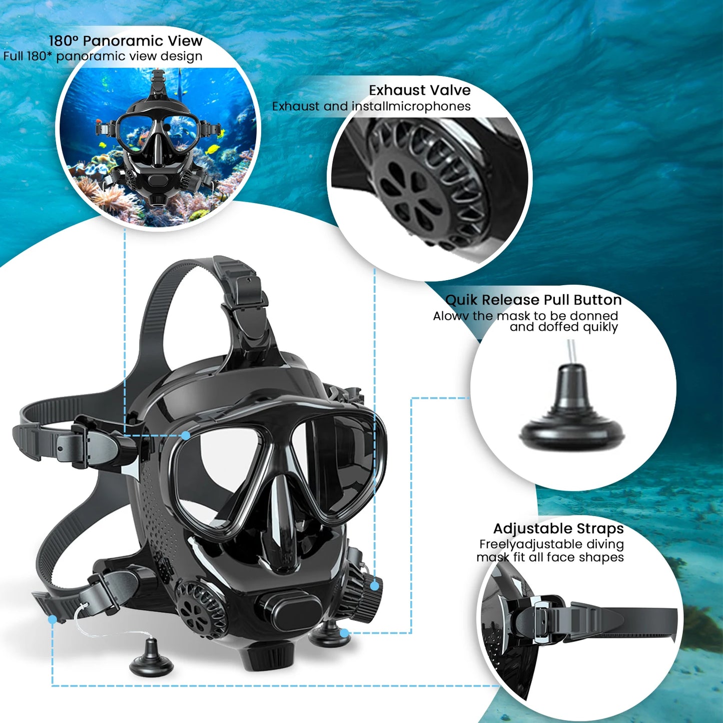TUDIVING Full Face Diving Mask With Camera Mount Snorkel