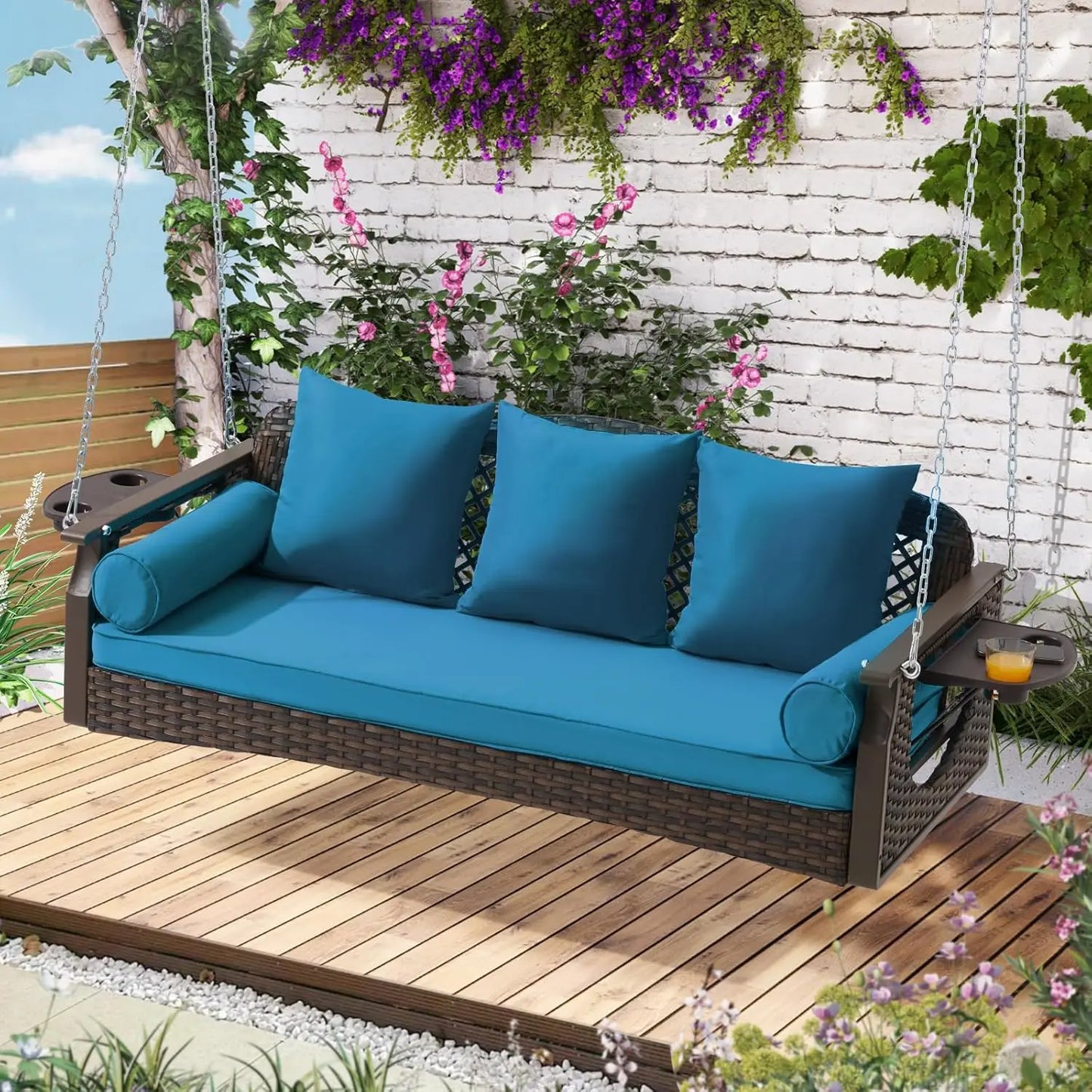 HUANZHUANG 3 Seat Porch Swing Outdoor Wicker With Cup Holders