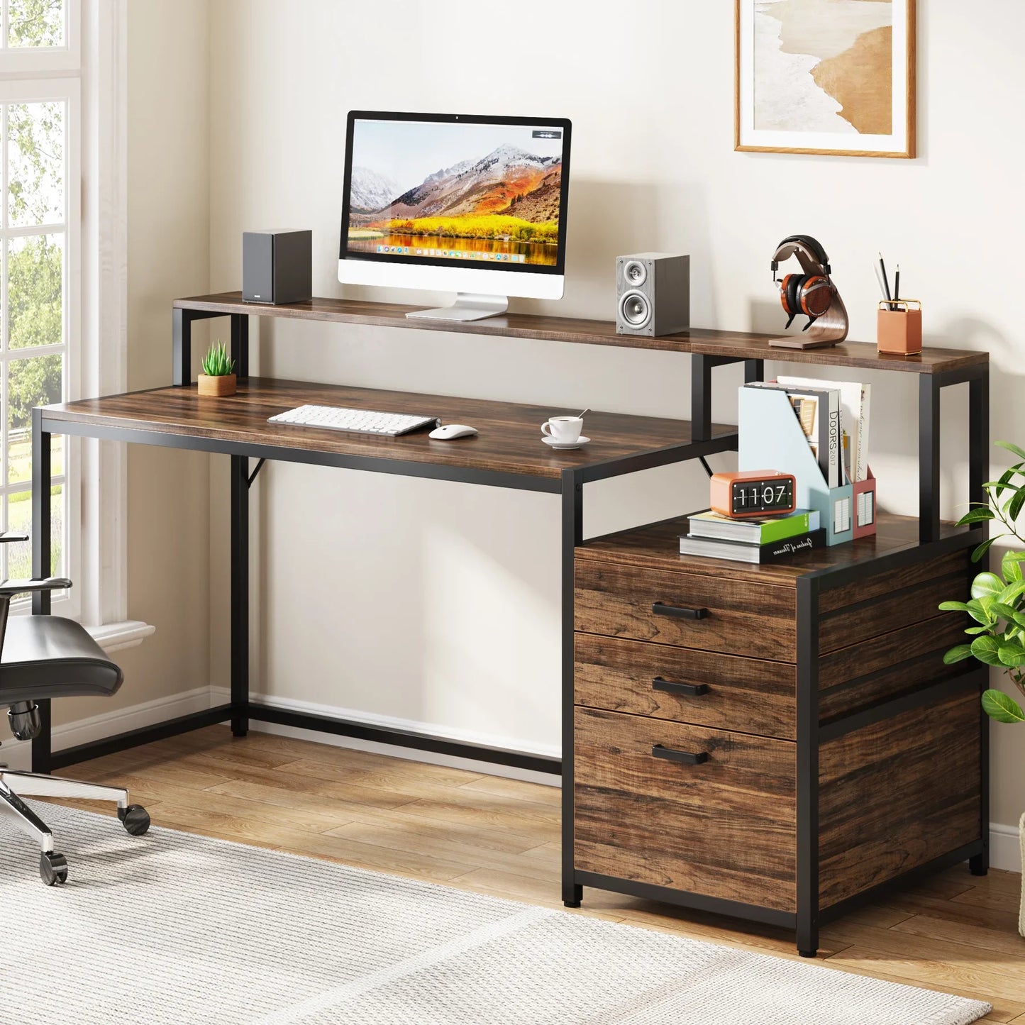 Tribesigns Computer Desk With File Drawer and Monitor Stand