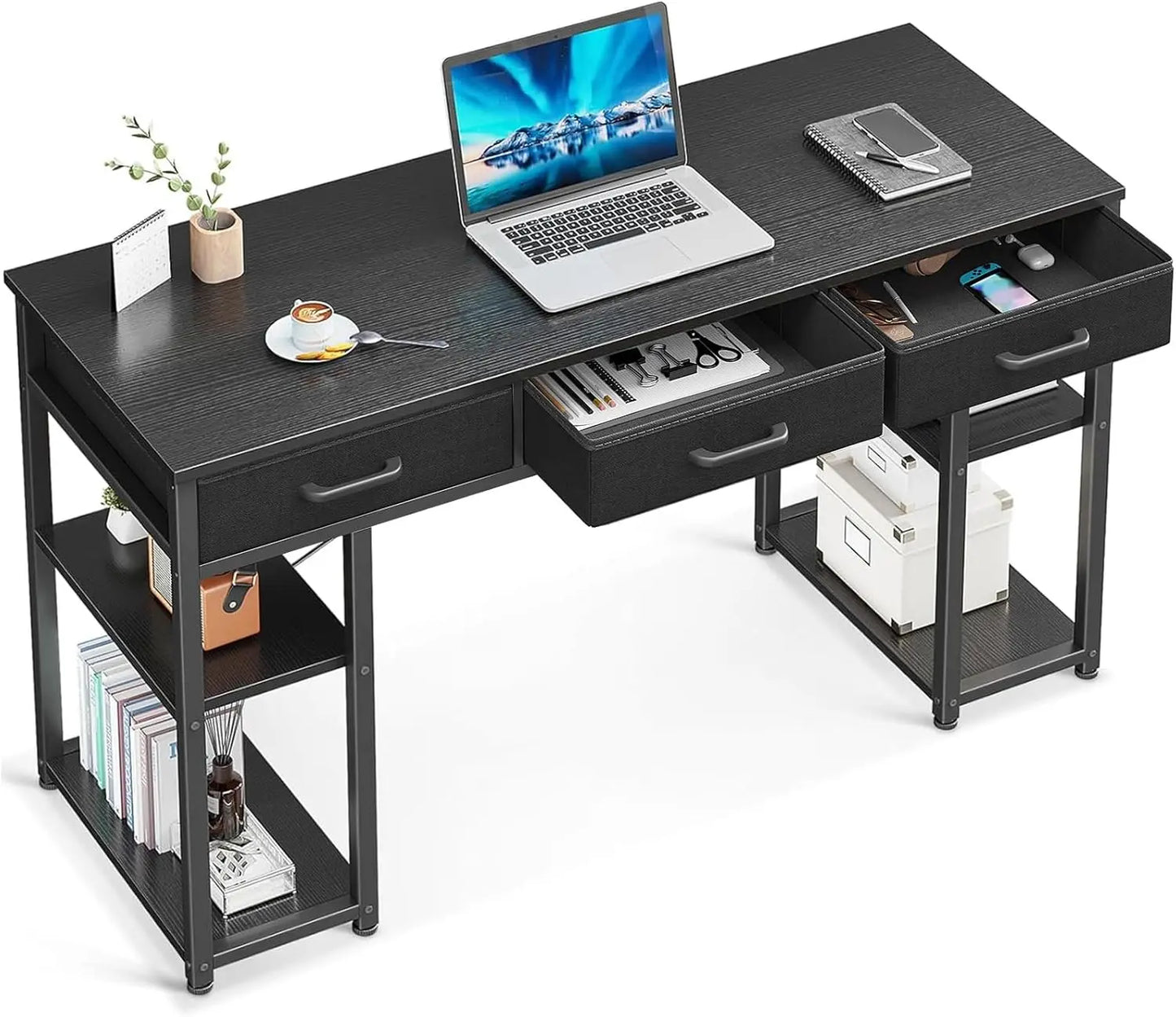 Small Office Computer Desk With Fabric Drawers And Shelves