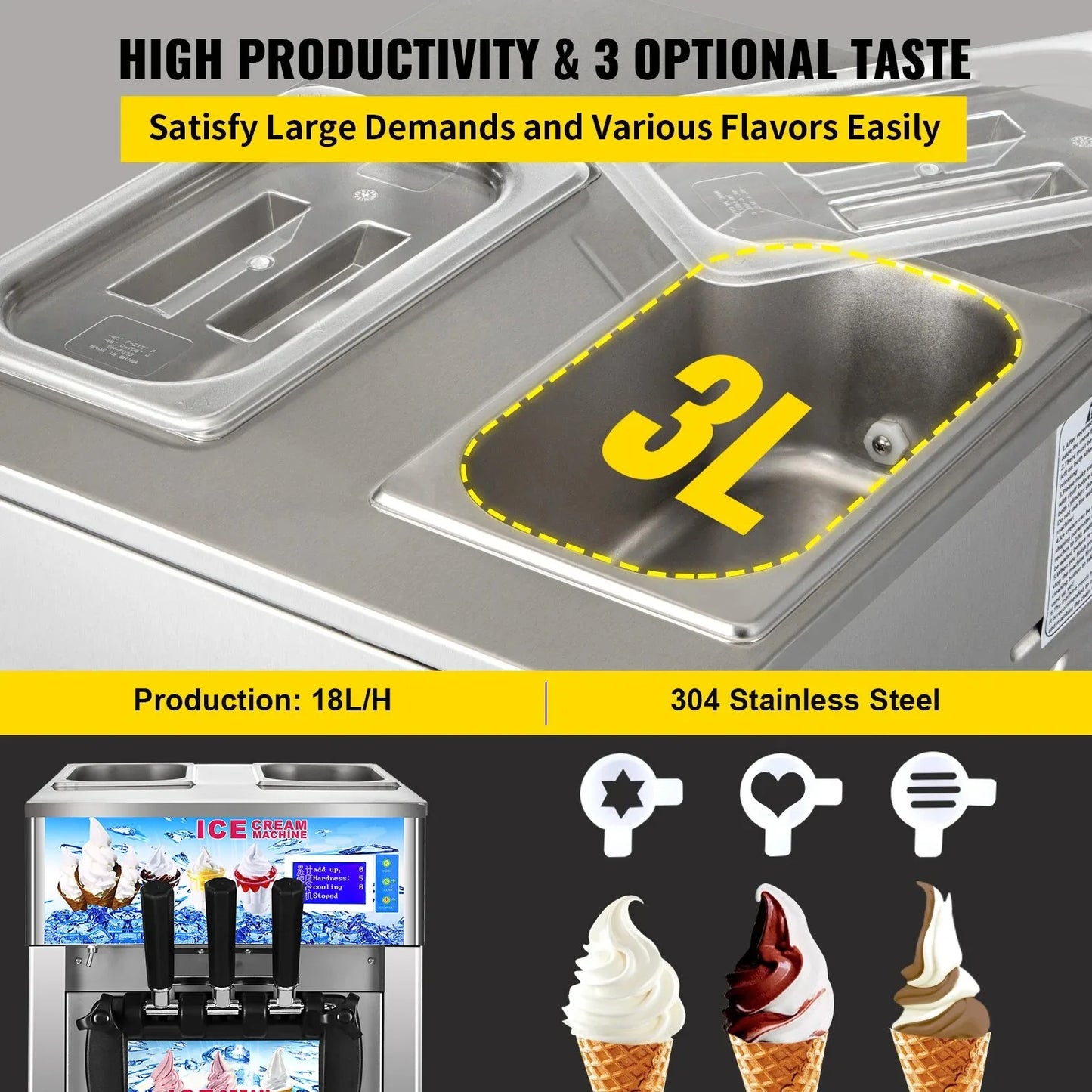 Vevor Ice Cream Machine 3 Flavor Yogurt Maker 1200W LCD
