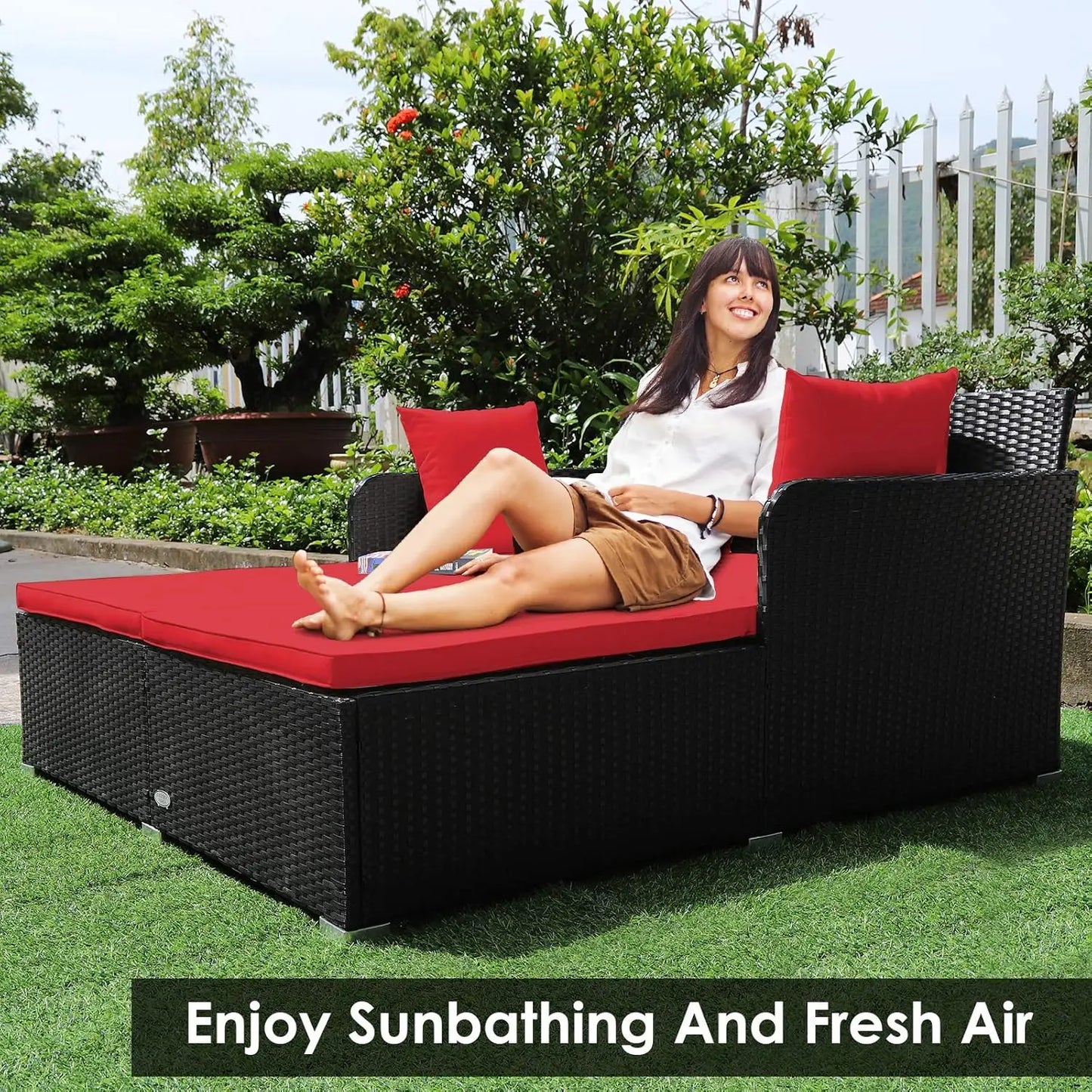 Outdoor Rattan Daybed Sunbed Wicker Furniture With Cushioned Seat