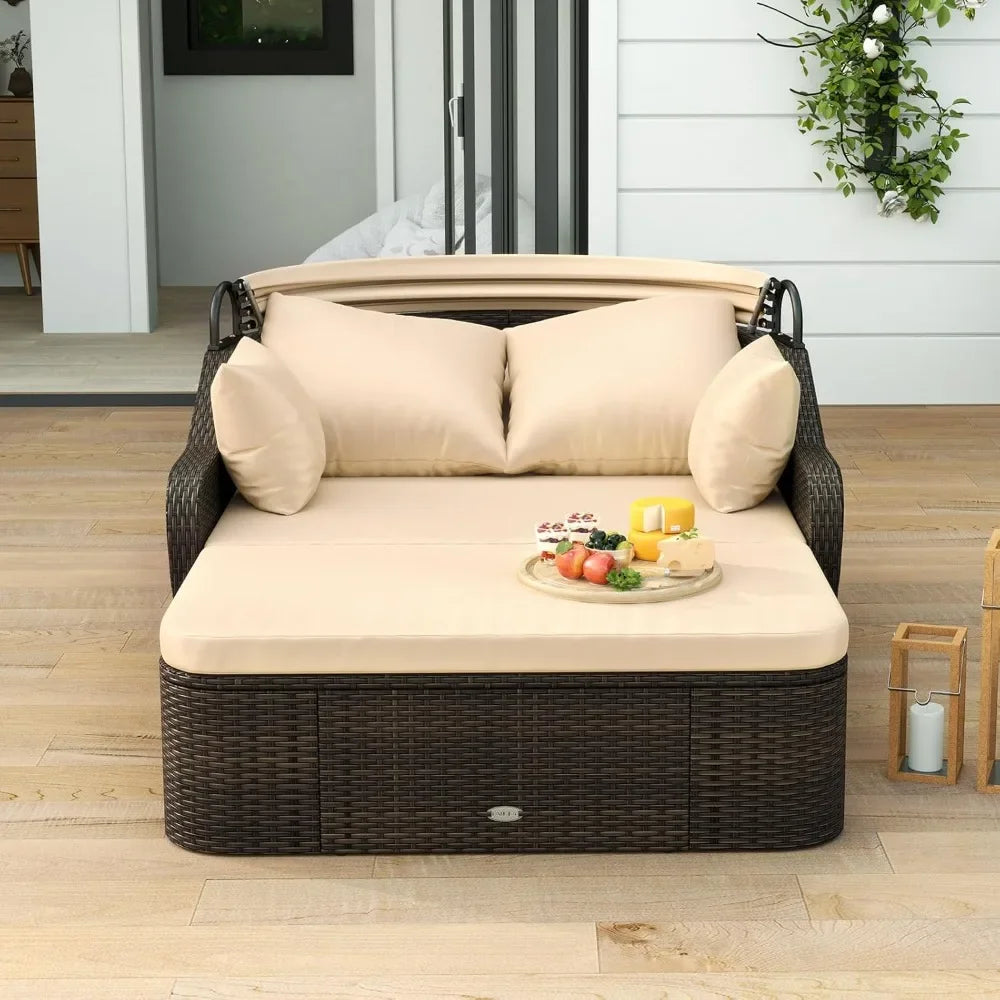 Outdoor Daybed With Retractable Canopy PE Rattan Double Chaise Lounge