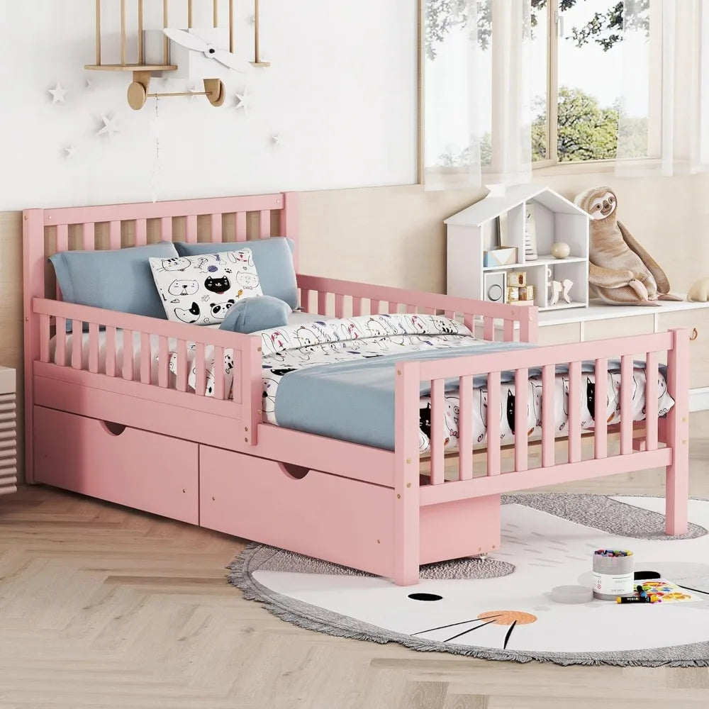 Kids Twin Bed With Guardrails And Drawers Pine Wood Frame