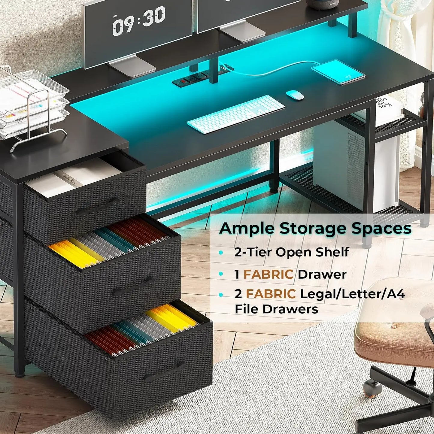 Reversible Office Desk With Drawers, LED Lights, Power Outlet