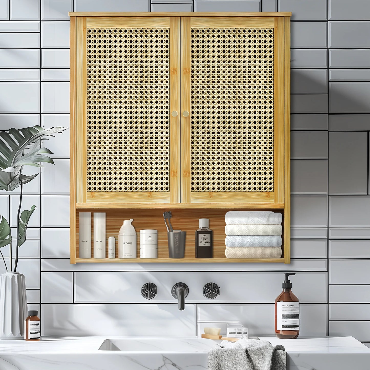 Bamboo Solid Wood Bathroom Medicine Cabinet Two Door Wall Cabinet
