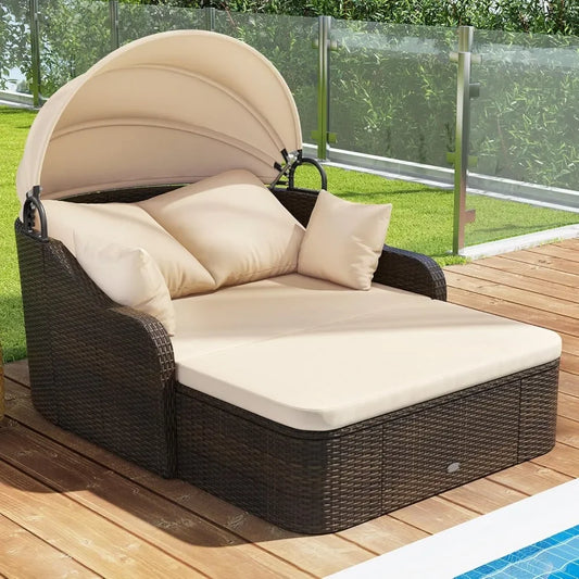 Outdoor Daybed With Retractable Canopy PE Rattan Double Chaise Lounge