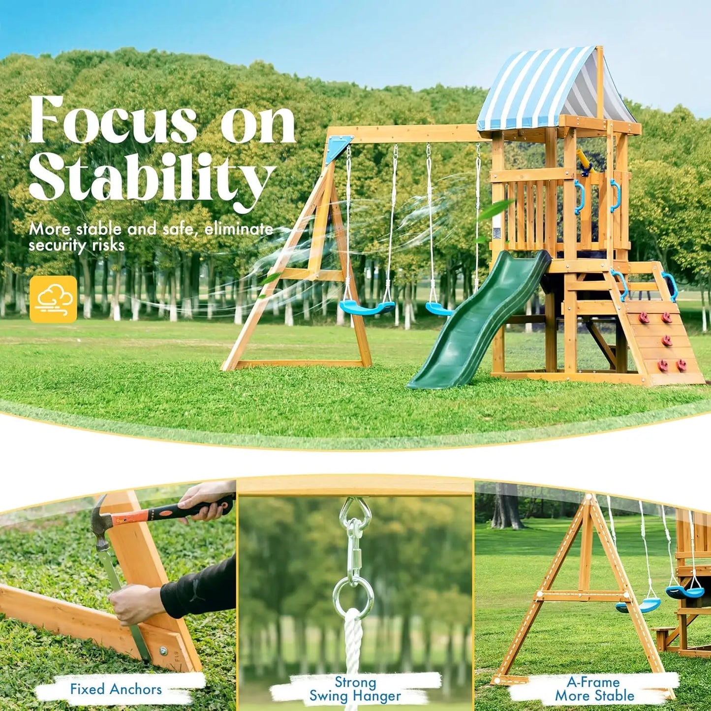 Rolife Robud Wooden Swing Set With Dual Swings And Slide