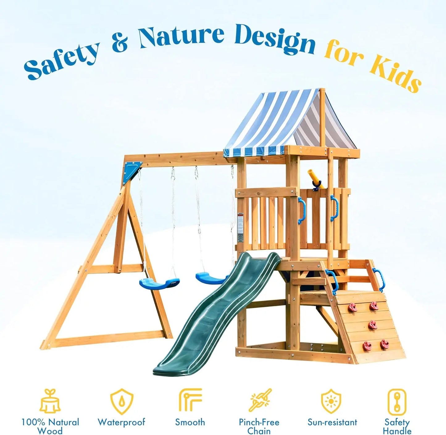 Rolife Wooden Swing Set With Dual Swings Climbing Wall Fort