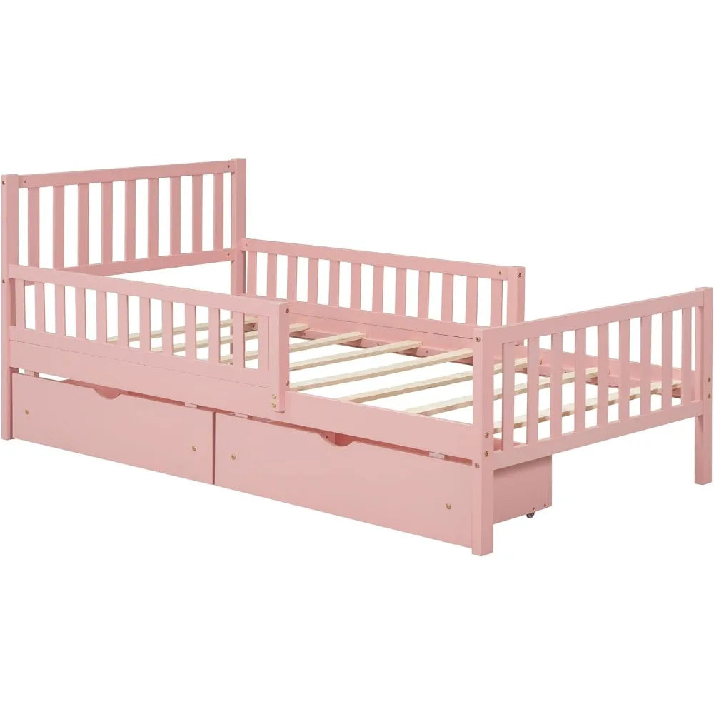 Kids Twin Bed With Guardrails And Drawers Pine Wood Frame